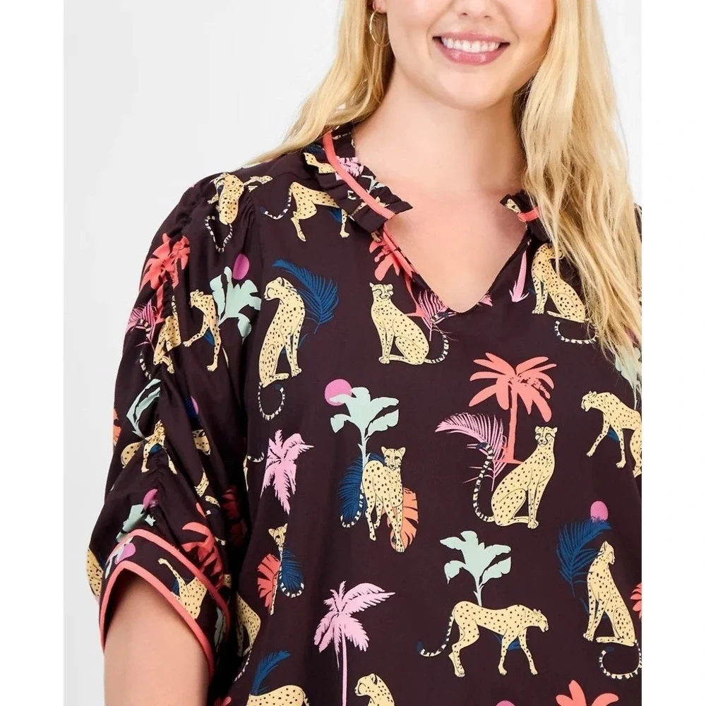 Democracy Plus Size 3/4 Sleeve Relaxed Top Boxy 2x‎ Whimsical Tropical Safari